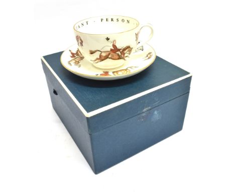 A ROYAL WORCESTER HUNTING DESIGN CUP AND SAUCER 'To a very important person', boxed