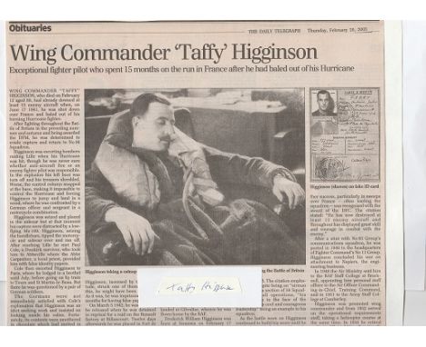 Wing Commander Frederick William Taffy Higginson OBE DFC DFM Signature and full Obituary 56 Squadron Battle of Britain. Fight
