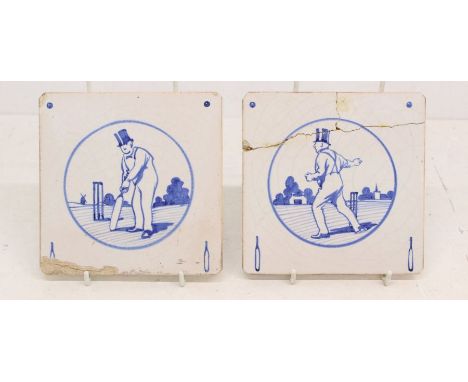 Cricket: A pair of early 20th century ceramic tiles in the Staffordshire style. One depicting a batsman, the other depicting 