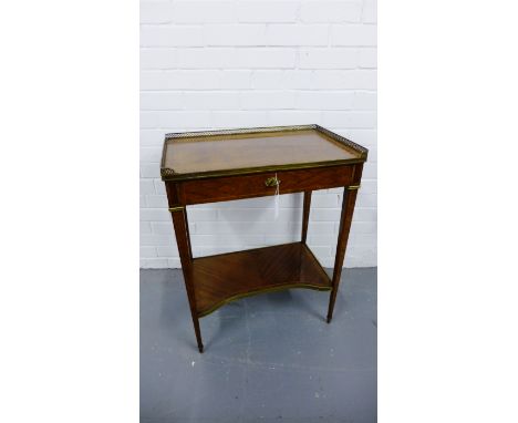 Louis XVI style parquetry side table, the rectangular top with a three quarter pierced gallery frieze over a single drawer, w