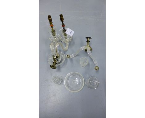 A pair of twin branch cut glass wall applique light fittings, with a variety of hanging prism lustres and curved card shades 