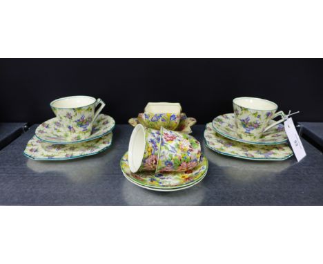 Two Royal Winton 'Pelham' chintz pattern cup, saucer and side plate trios, together with two further Royal Winton chintz ware