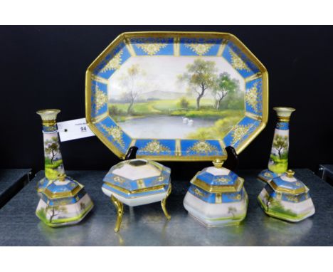 Noritake seven piece porcelain dressing table set, painted with swans on the lake pattern, comprising tray, candlesticks and 