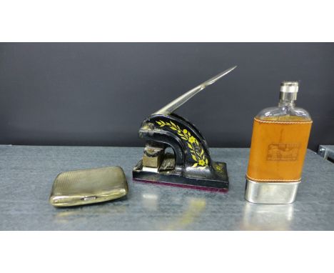 A mixed lot to include a silver cigarette case, chrome and leather hip flask and a black painted punch (3) 