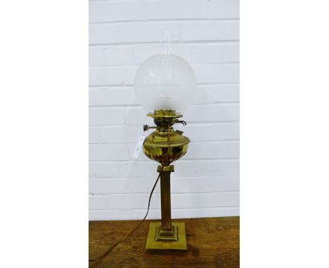 Youngs brass column oil lamp base with etched glass shade, 70cm high