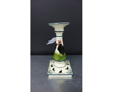 Griselda Hill pottery cockerel pattern Wemyss style candlestick, 19cm high