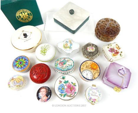 A collection of various trinket boxes, including a carved circular soapstone example, cinnabar lacquer, alabaster, and cerami