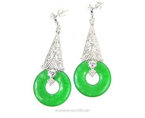 A pair of large silver and jade style drop earrings; stamped 925; 6 cm long.