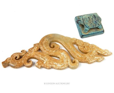 A Chinese Jade dragon (12cm long) together with a small metal seal stamp, with a four character mark.