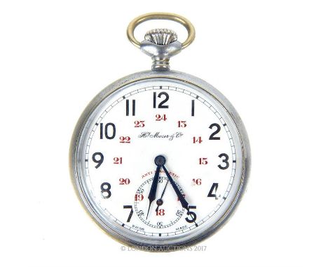 A white metal pocket watch with a white enamel, subsidiary dial with black, roman numerals and smaller, red Arabic numerals f