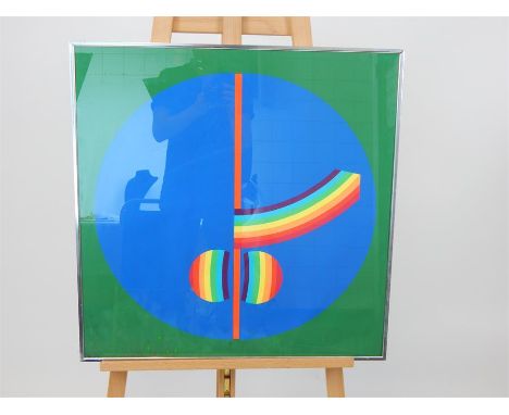 A 1970's erotic lithograph rainbow coloured erect male organ, sight size 66 x 66cm.