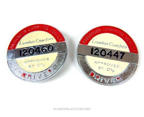 Two London Coaches Driver badges numbered "120460" and "120447" both enamel with white metal.
