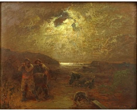 Louis Douzette, German (1834-1924) Oil on Panel, Moonlit Shore Scene. Signed lower right. In need of cleaning/conservation. M