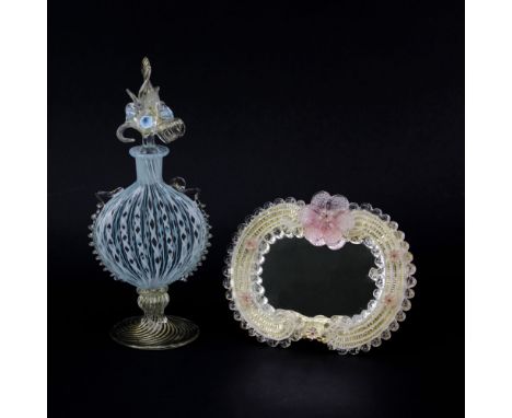 Lot of Two (2) Vintage Murano Glass Vanity Items. Includes a footed scent bottle 10" H (loss to decoration on shoulder), smal