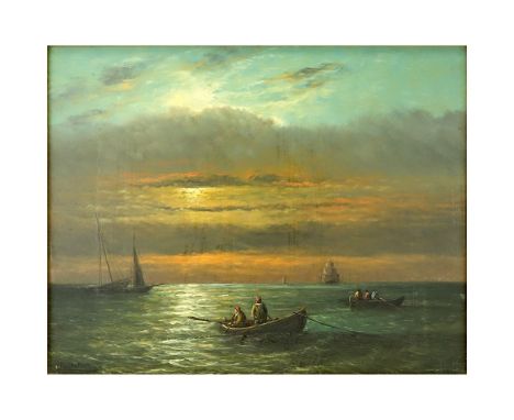 Hendrik Frauenfelder, Dutch  (1885 - 1922) Oil on panel "Fishing at Dawn" Signed lower left. Minor loss at signature or in go