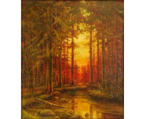 Yuliy Yulevich (Julius) Klever, Russian (1850-1924) oil on canvas, wooded landscape. Signed lower left. Craquelure, otherwise