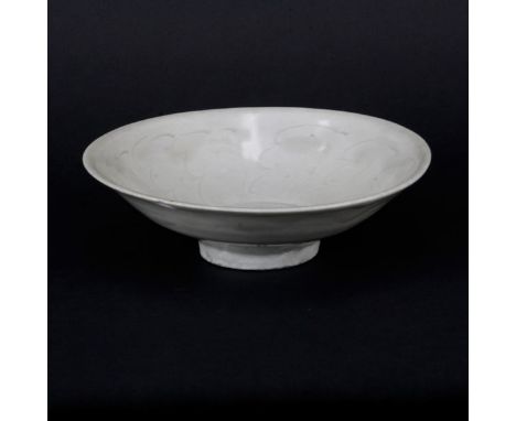 Chinese Longquan Ru Ware Celadon Glazed Bowl with Sgraffito Design. Unsigned. Light hairline crack. Measures 1-3/4" H x 6-3/8