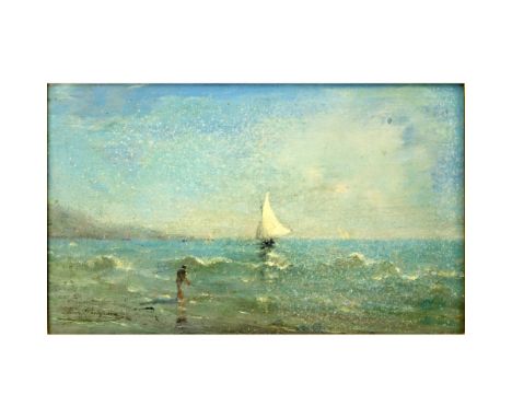 19/20th Century Dutch School Oil on Panel "Sailboats Along The Shore" Signed lower left Philipsen?. Losses, wear. Measures 9"