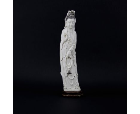 Antique Chinese Carved Ivory Guanyin Figurine. Unsigned. Good condition. Measures 14-1/4" H not including base. We Will Not S