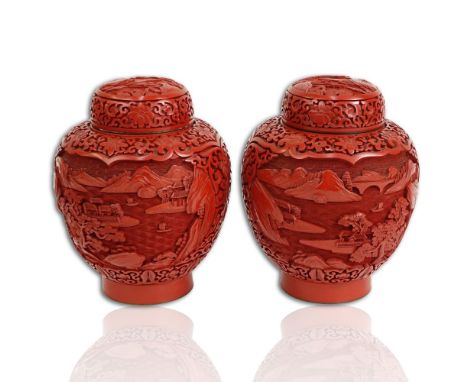 Pair Chinese Nicely Carved Cinnabar and Enameled Ginger Jars. Well done village and landscape motif. Unsigned. Good condition