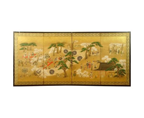 Japanese Meiji Period (1868-1912) Four (4) Panel Folding Screen, Garden Scene with figures. Ink, color and gilt on paper with