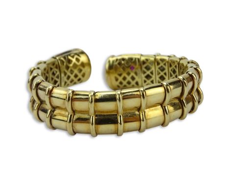 Vintage French 14 Karat Yellow Gold Flexible Cuff Bangle with Mabe Pearls and accented with Cabochon Rubies and Small Round B