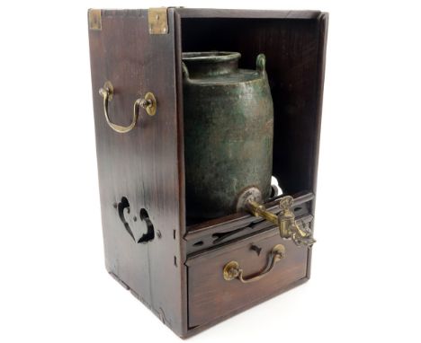 Antique Chinese Hardwood and Brass Tea Box. Inside a pottery samovar. The front of the box with carved Character marks. Wear,