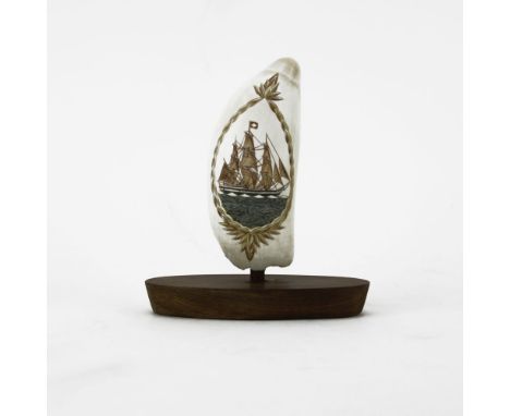 Robert Spring Whales Tooth Scrimshaw Depicting a Masted Sailing Ship. Signed and dated R. Spring '74. Age splits or in good c