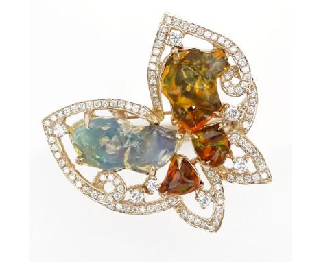 Approx. 7.61 Carat Fire Opal, .84 Carat Round Cut Diamond and 18 Karat Rose Gold Butterfly Ring. Signed 18K. Very good condit