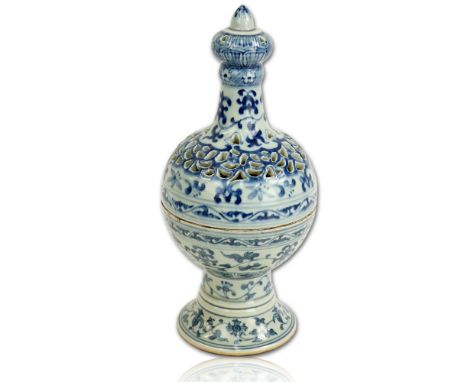 Vintage Chinese Blue and White Porcelain Pedestal Censer. Unsigned. Good condition. Measures 11-1/2" H. Provenance: Collectio