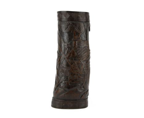Very Large Vintage Japanese Carved Bamboo Brushpot. Warriors on horses motif. Unsigned. Typical age splits, polished patina. 