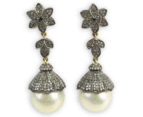 AIG Certified South Sea Pearl, 2.71 Carat Single Cut Diamond and 14 Karat Yellow Gold Dangle Earrings. Pearls measure 15.0mm.