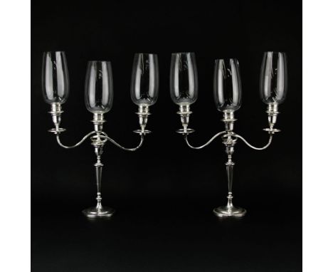 Pair Sheffield Silver Three (3) Light Candelabra With Shades. Signed and dated Nathaniel Smith Co, Sheffield 1791, 1795. Late