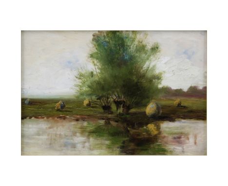 Vintage Decorative Oil on Panel “Haystacks In Landscape” Unsigned. Good condition. Measures 8-3/8” x 11-1/4”, frame measures 