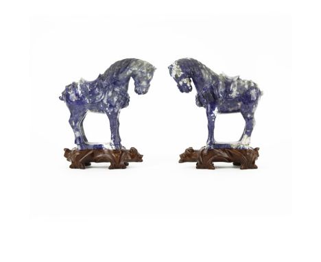 Pair of Vintage Chinese Carved Lapis Lazuli Tang Style Horse Figurines on Hardwood Stands, In Box. Unsigned. One with restora
