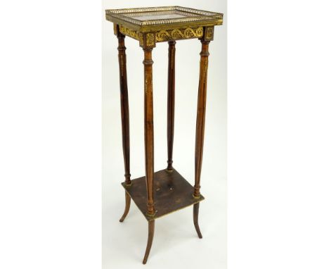 Vintage Marble Top Mahogany Pedestal With Brass Gallery. Unsigned. Surface wear and rubbing or good condition. Measures 39" H