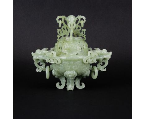 Antique Chinese High Relief Carved Green Jade Censer. Figural dragon handles with rings throughout. Unsigned. Good condition.