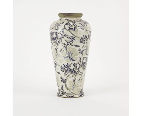 Antique Asian Pottery Vase With Crackle Glaze and Raised Enamel Decoration. Unsigned. Good condition. Measures 10" H. Provena