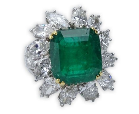 Vintage Approx. 9.72 Carat Colombian Emerald, 5.0 Carat Diamond and 18 Karat White Gold Ring. Emerald with vivid saturation o