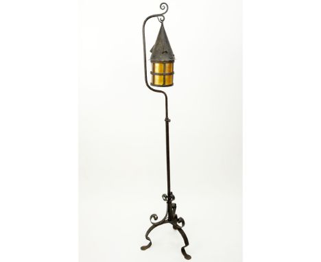 Arts & Crafts Wrought Iron Lantern With Mica Shade. Unsigned. Shade with slight peeling or in good condition. Measures 65-1/2