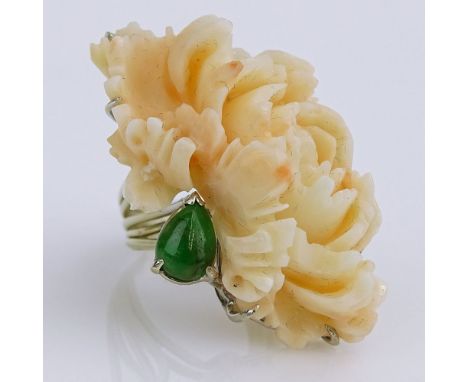 AIG Certified Vintage Carved Coral and 14 Karat White Gold Ring Set with a .47 Carat Cabochon Emerald. Unsigned. Good conditi