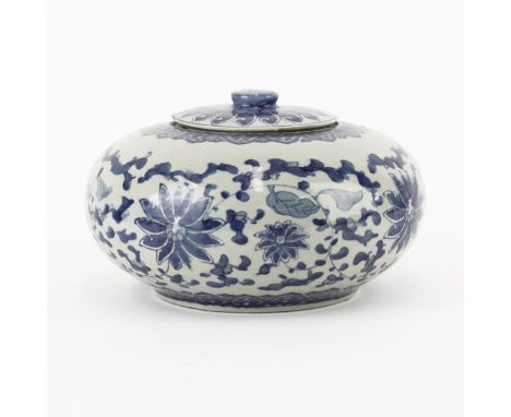Chinese Ming Style Blue and White Covered Low Bowl. Signed on bottom. Good condition. Measures 6" H x 9" W. Provenance: Colle