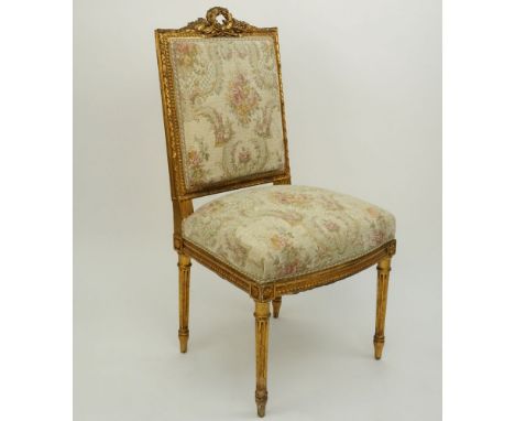 Vintage French Giltwood Upholstered Side Chair. Unsigned. Wear and rubbing or in good condition. Measures 38-1/2” H x 20” W x