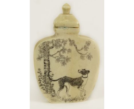 Vintage Japanese Ivory Snuff Bottle. Decorated on One Side with Dog and Tree, The Other with Calligraphy. Unsigned. Good Cond