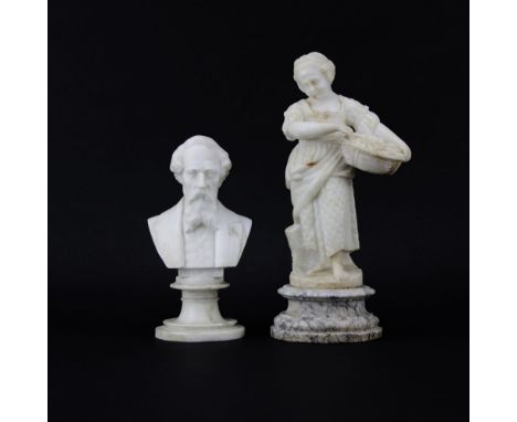 Two Vintage Alabaster Figures. One a girl with a basket 12-1/2" H, the other a bust of Dickens 9" H. Unsigned, small nicks an