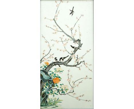 19th Century Chinese Painted Porcelain Panel. Decorated with birds on blossoming branches. Unsigned. Measures 33-1/4" x 14-1/