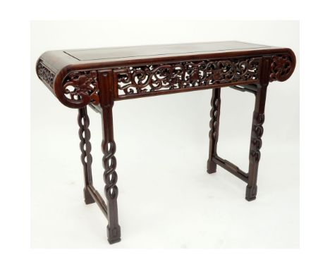 Vintage Chinese Carved Hardwood "Shanghi" Altar Table. Busy fretwork apron atop carved legs. Signed with metal tag Shanghi Ch