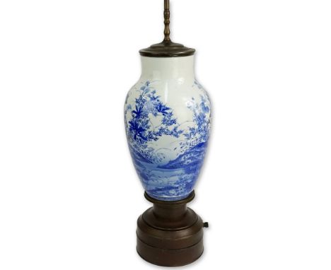 Vintage Chinese Blue and White Porcelain Vase as a Lamp on Metal Base. Whimsical frog motif. No visible signature. Good condi