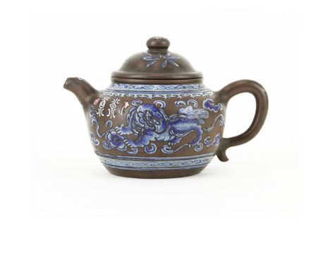 Vintage Chinese Blue Enameled Earthenware Teapot. Decorated with dragon motif. Impressed signature and red wax seal on bottom