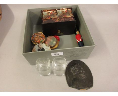 Bronze plaque of Michelangelo, two small glasses engraved with a poem by Branwell Bronte and other miscellaneous collectables